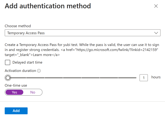 Add authentication method dialog with Temporary Access Pass selected, showing start time, lifetime in hours, and one-time use toggle