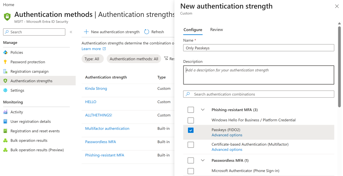 Custom authentication strength creation showing method selection checkboxes for FIDO2, Authenticator passkeys, and certificate-based auth