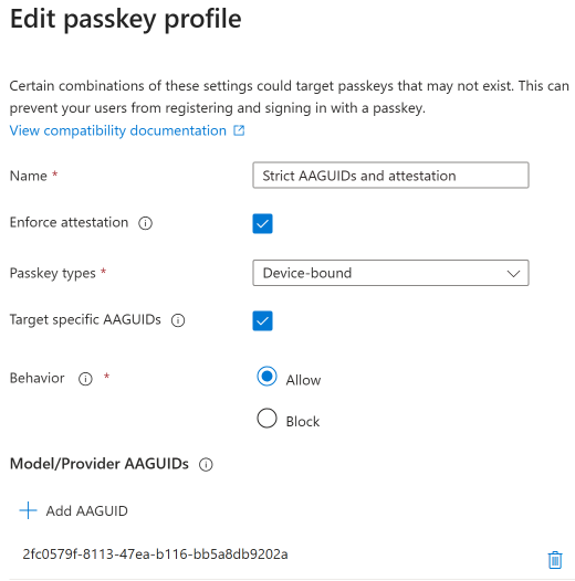 Edit passkey profile with enforce attestation checked, device-bound type selected, target specific AAGUIDs enabled, and an AAGUID entry in the allowlist