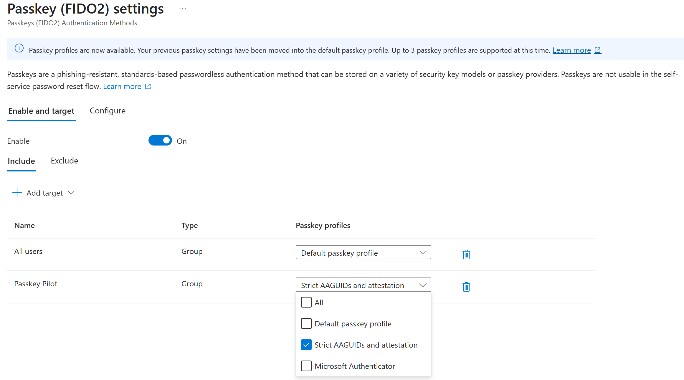 Enable and target tab showing groups with passkey profile assignments, including a dropdown to select from available profiles