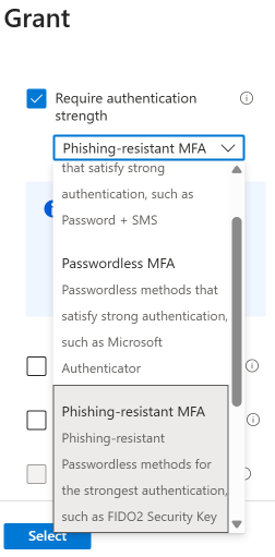 Grant control dropdown showing Phishing-resistant MFA selected as the required authentication strength