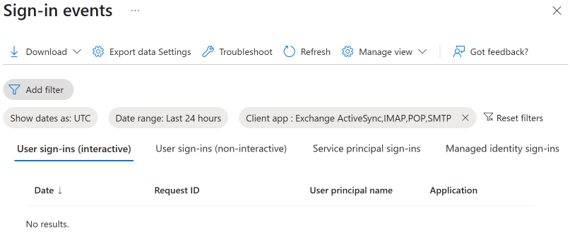 Sign-in events filtered by legacy auth protocols (Exchange ActiveSync, IMAP, POP, SMTP) showing no results