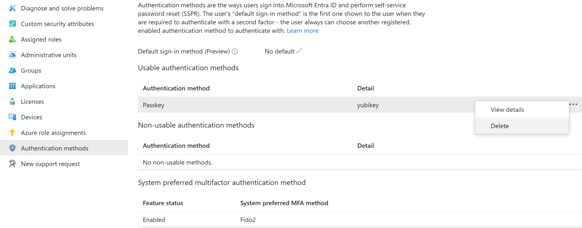 User's authentication methods page showing registered passkeys with device names, registration dates, and the option to delete individual methods